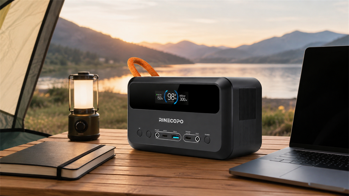 RINECOPO 192Wh portable power station on a campsite table for runtime planning