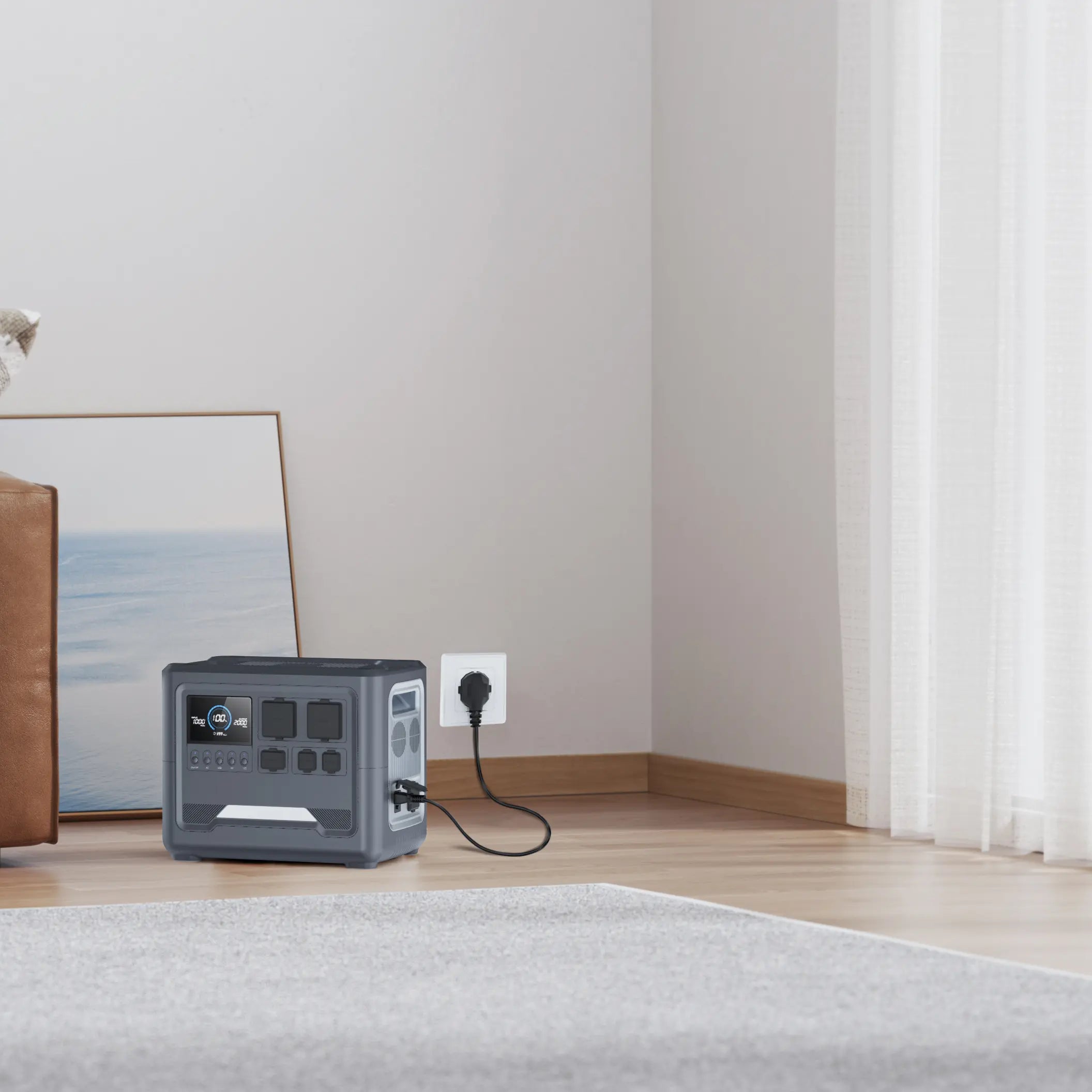 A Rinecopo high-capacity portable power station charging in a modern living room. This reliable home energy storage system serves as a silent backup battery and UPS, ready to power essential household electronics during unexpected grid failures