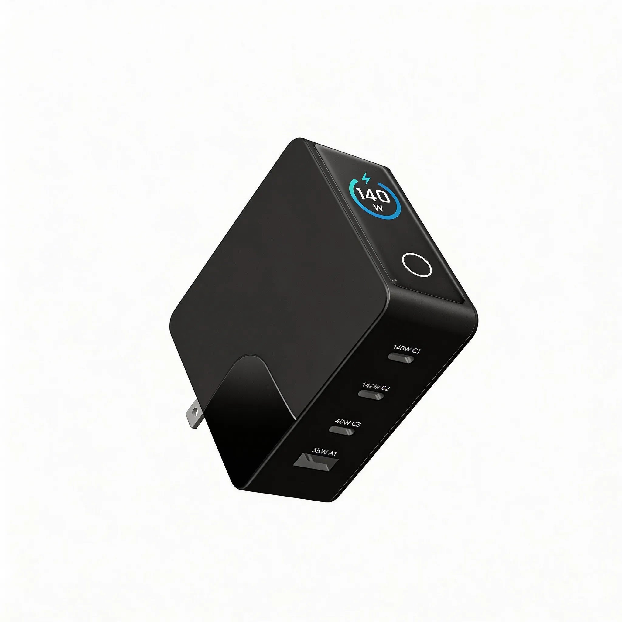 RINECOPO 140W GaN 4-IN-1 fast charger in black, shown from a perspective view with multiple ports.