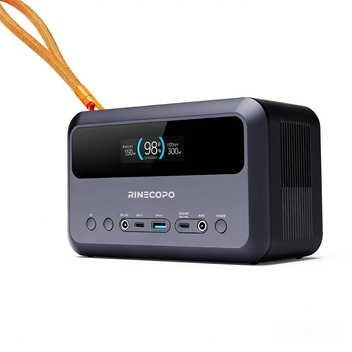 Front view of the RINECOPO 300W ultra-compact portable power station, featuring a smart display, PD 100W bidirectional fast charging ports, and an orange carrying strap.