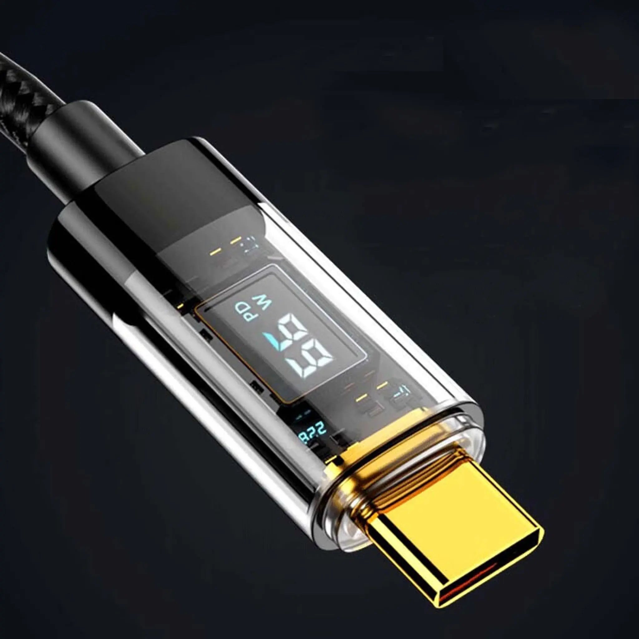 Close-up of the RINECOPO USB-C charging connector showing the built-in digital LED wattage display and reinforced durable casing.