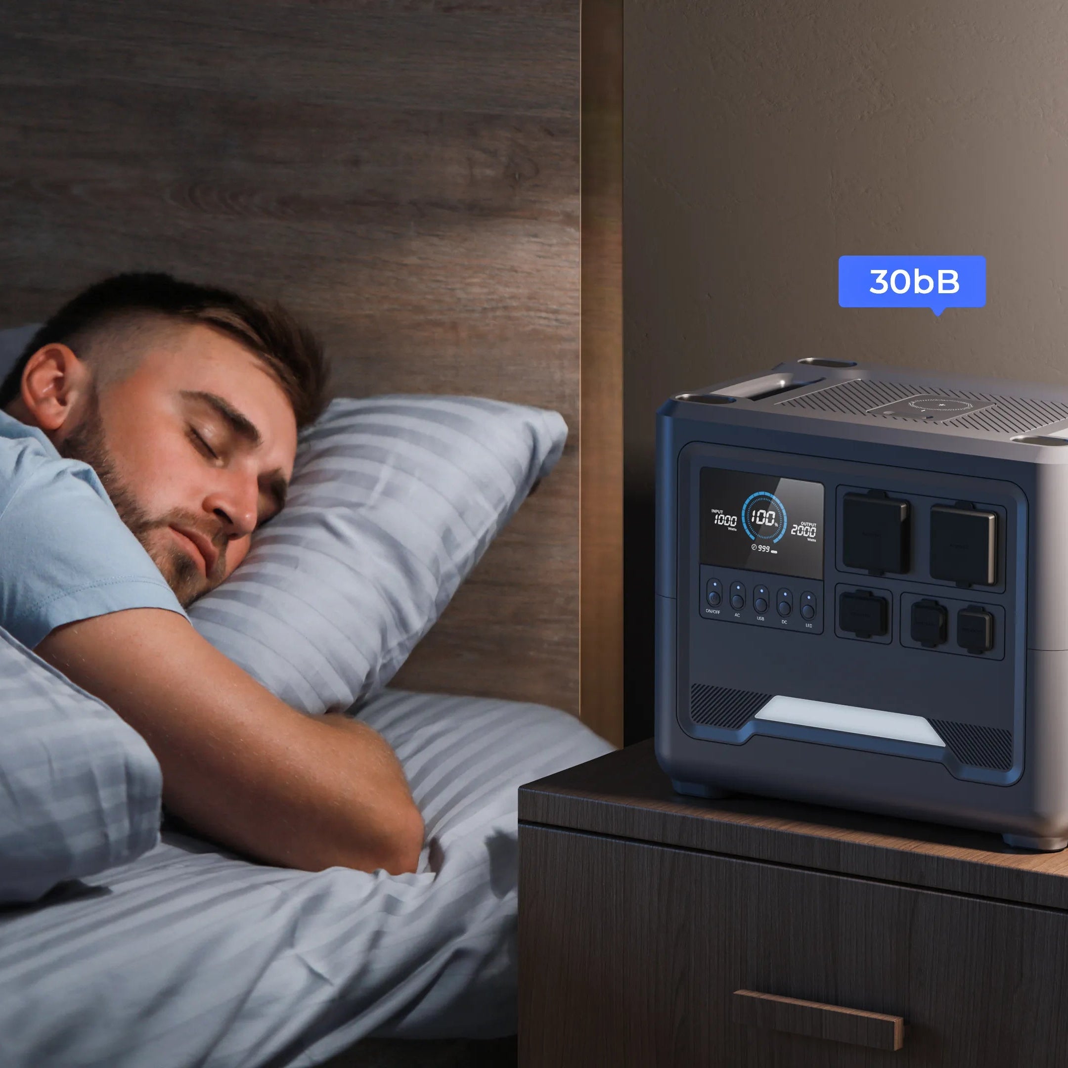 A man sleeping peacefully in a bedroom with the RINECOPO 1024Wh power station providing quiet, reliable home backup power and safety protection during the night.