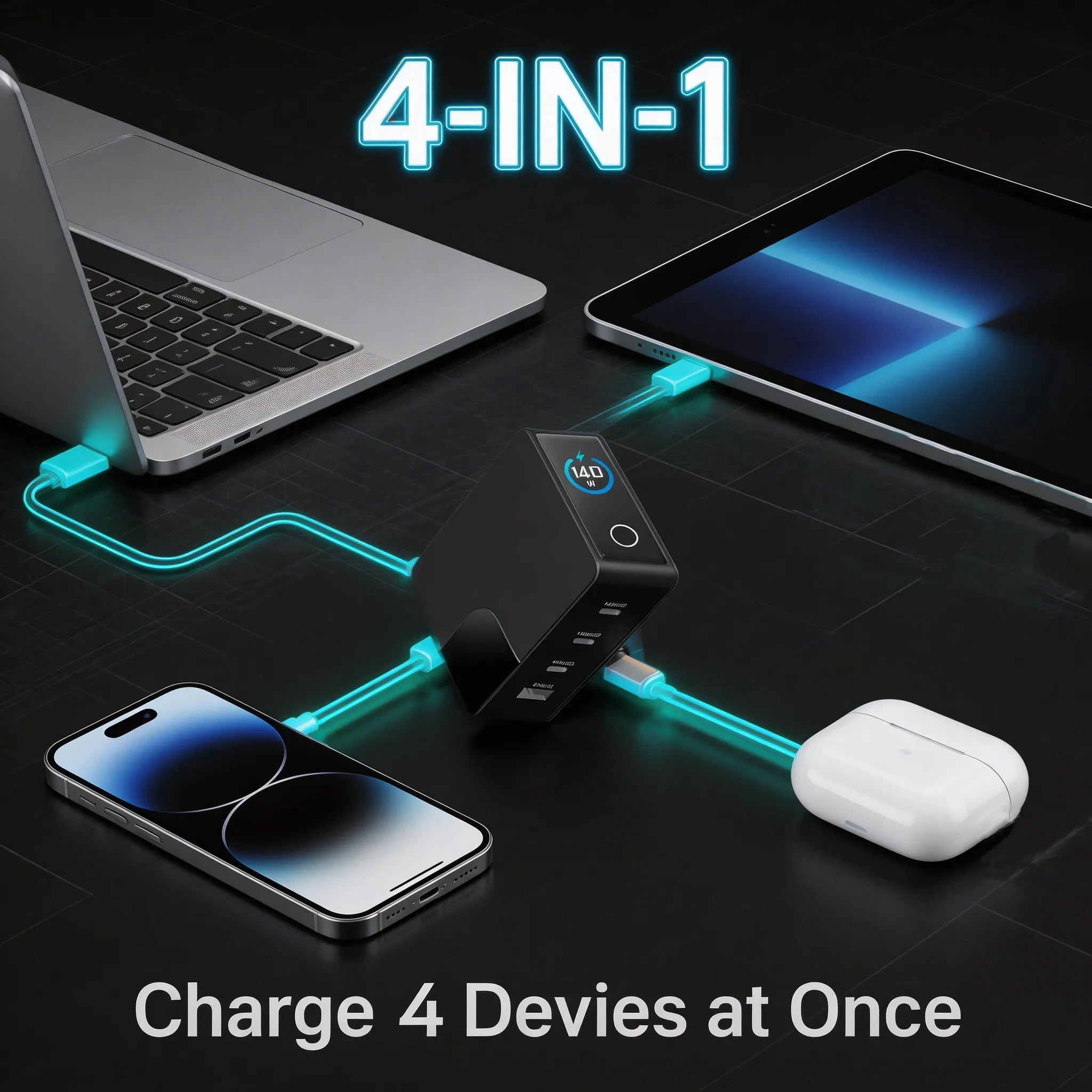 RINECOPO 4-IN-1 GaN charger connected to four devices (laptop, tablet, two phones) for a tidy desk charging station