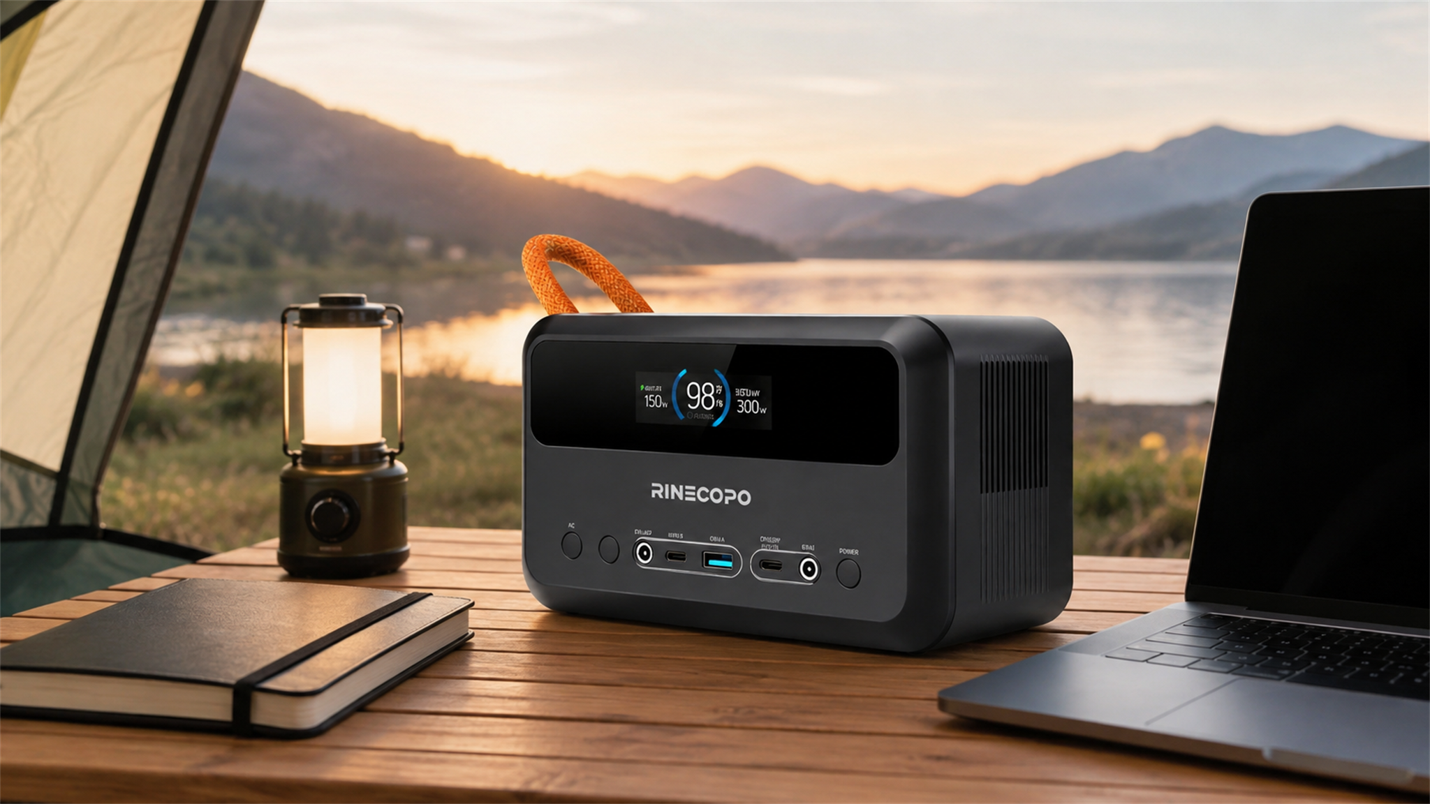 RINECOPO 192Wh portable power station on a campsite table for runtime planning