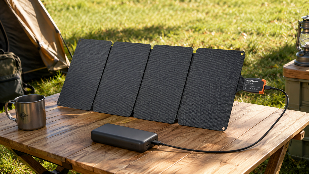 RINECOPO four-panel 36W portable solar panel connected to a power bank at a campsite