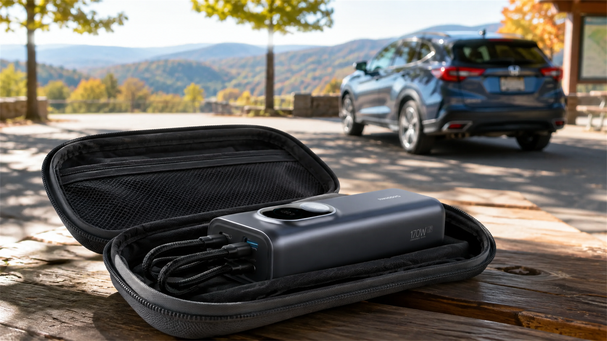 RINECOPO PB02 power bank stored in a shaded travel pouch outside a parked car