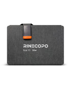 RINECOPO Eco 11 36W foldable solar panel charger with grey fabric texture and orange safety clip.