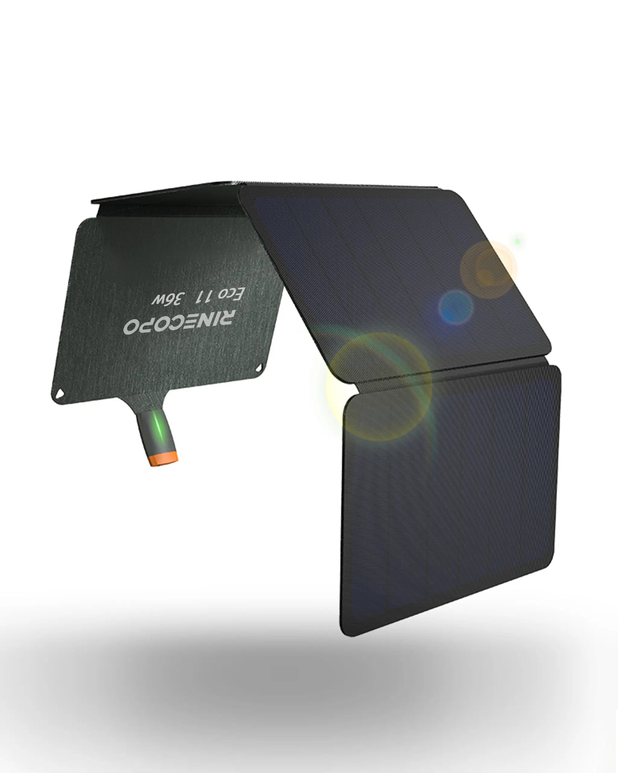 Close-up of RINECOPO 36W portable solar panel showing the compact folded design for outdoor travel.
