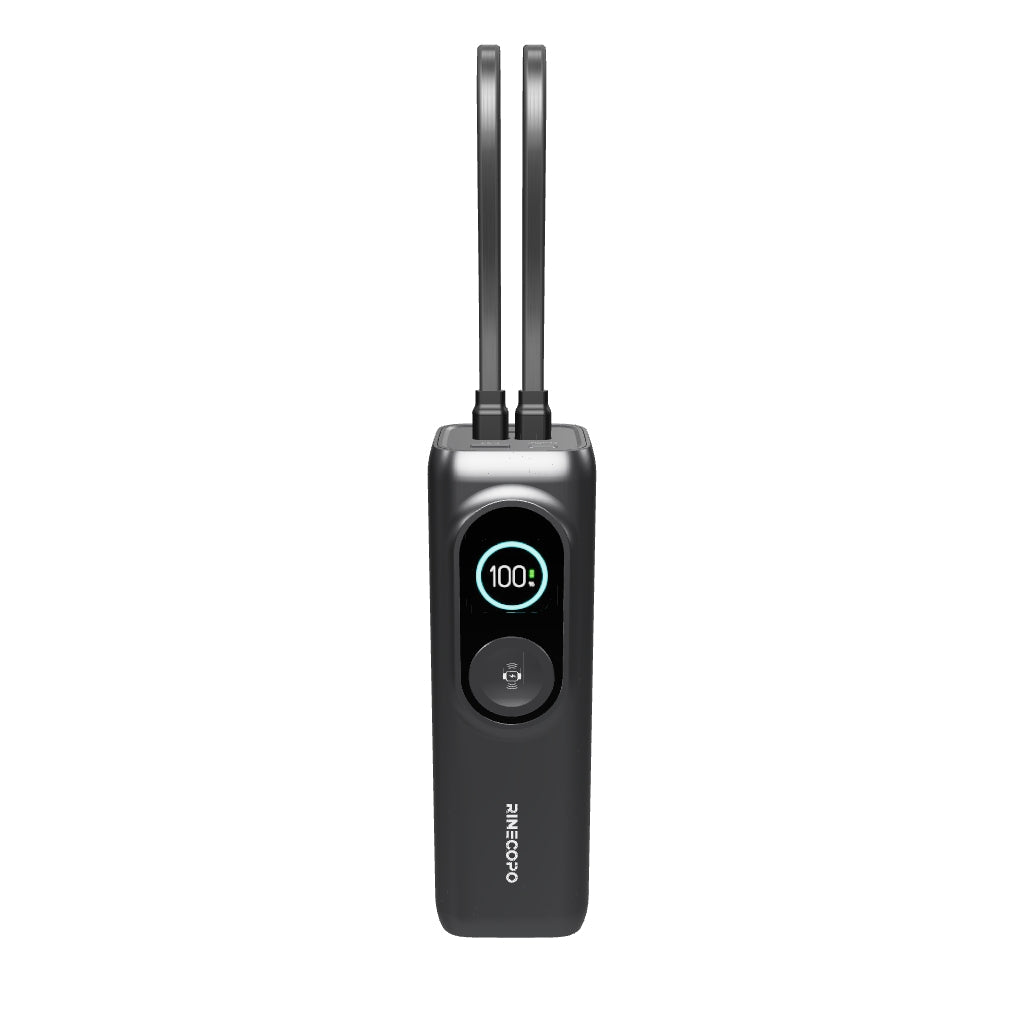 Sleek side profile of the Rinecopo 170W portable charger showcasing its durable woven lanyard and premium metallic finish. A compact, travel-ready power bank designed for ultimate portability and everyday carry.