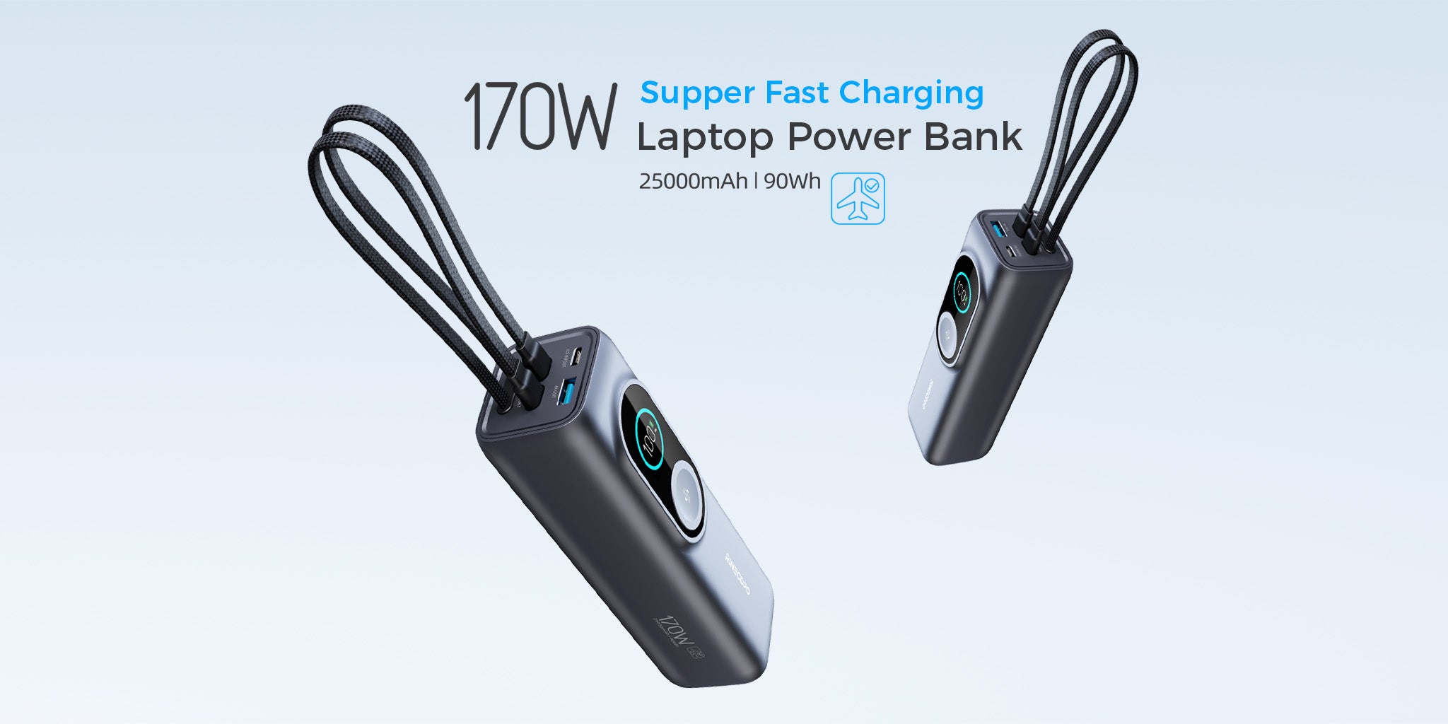 A wide marketing banner for the Rinecopo 170W Super Fast Charging Laptop Power Bank. The image showcases the 25000mAh (90Wh) capacity and airline-approved icon, featuring two units to display the sleek design and integrated USB-C braided cables.