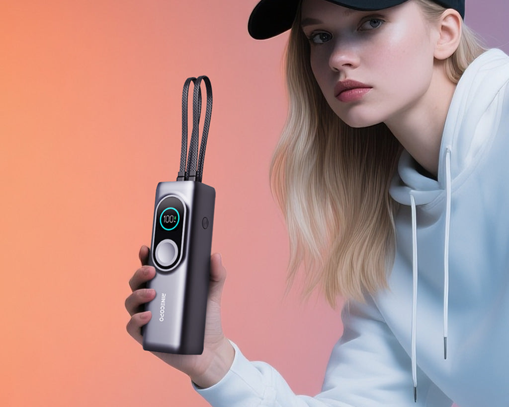 A stylish young woman in a white hoodie and black cap holding the Rinecopo 170W portable power bank. This high-capacity external battery with built-in cables is the perfect fashion-forward tech accessory for modern travel and daily use