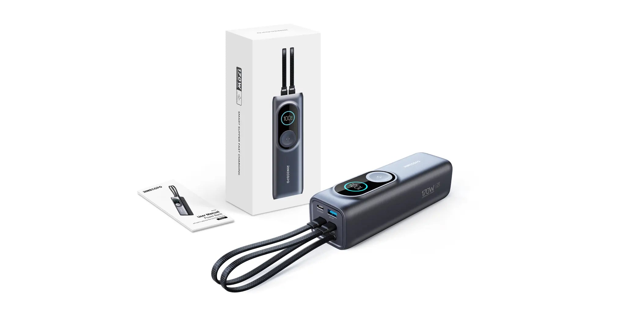 The retail packaging and box contents of the Rinecopo 170W smart power bank. The set includes a high-capacity portable battery pack with a built-in lanyard and a detailed user manual, all housed in a sleek, minimalist gift-ready box