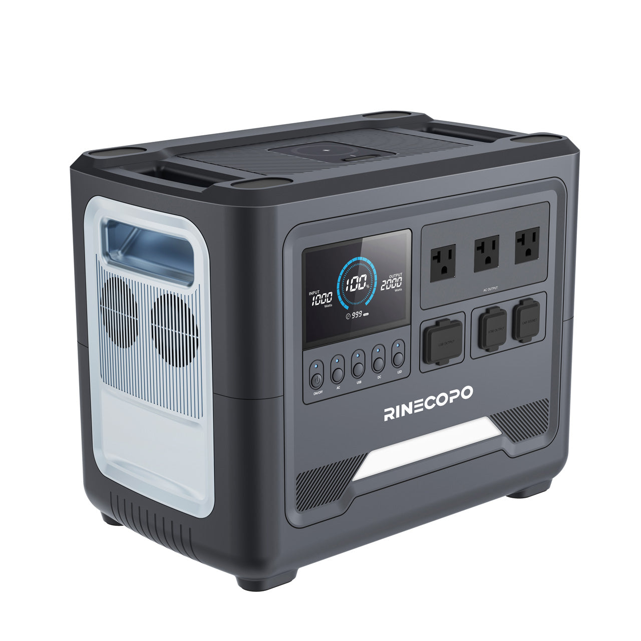 Heavy-duty Rinecopo solar generator delivering a powerful 1800W AC output. Effortlessly run high-wattage power tools, coffee makers, and refrigerators during outdoor adventures or unexpected power outages.