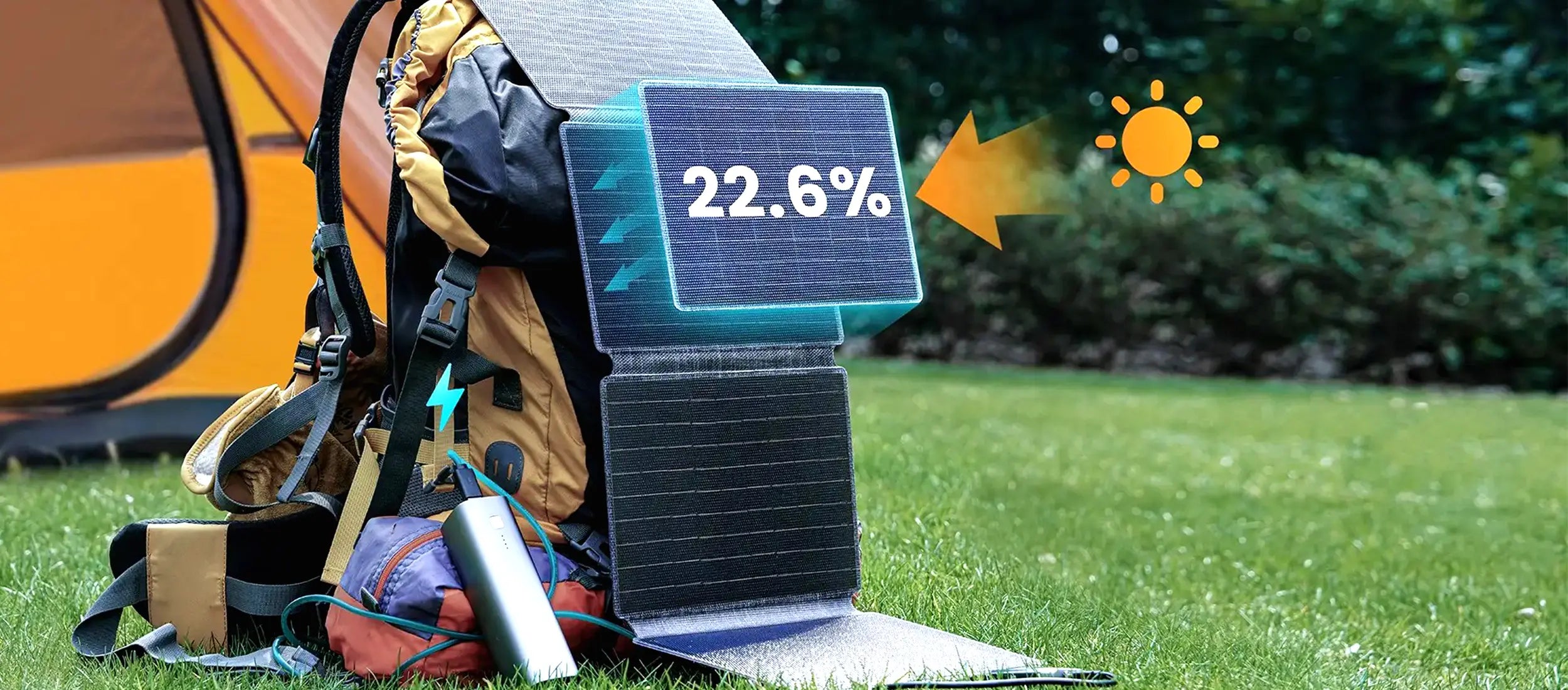 Rinecopo foldable solar panel with 22.6% high conversion efficiency monocrystalline silicon cells. This portable charger is shown attached to a hiking backpack, efficiently converting sunlight into power for power banks and mobile devices during outdoor trekking and backpacking.