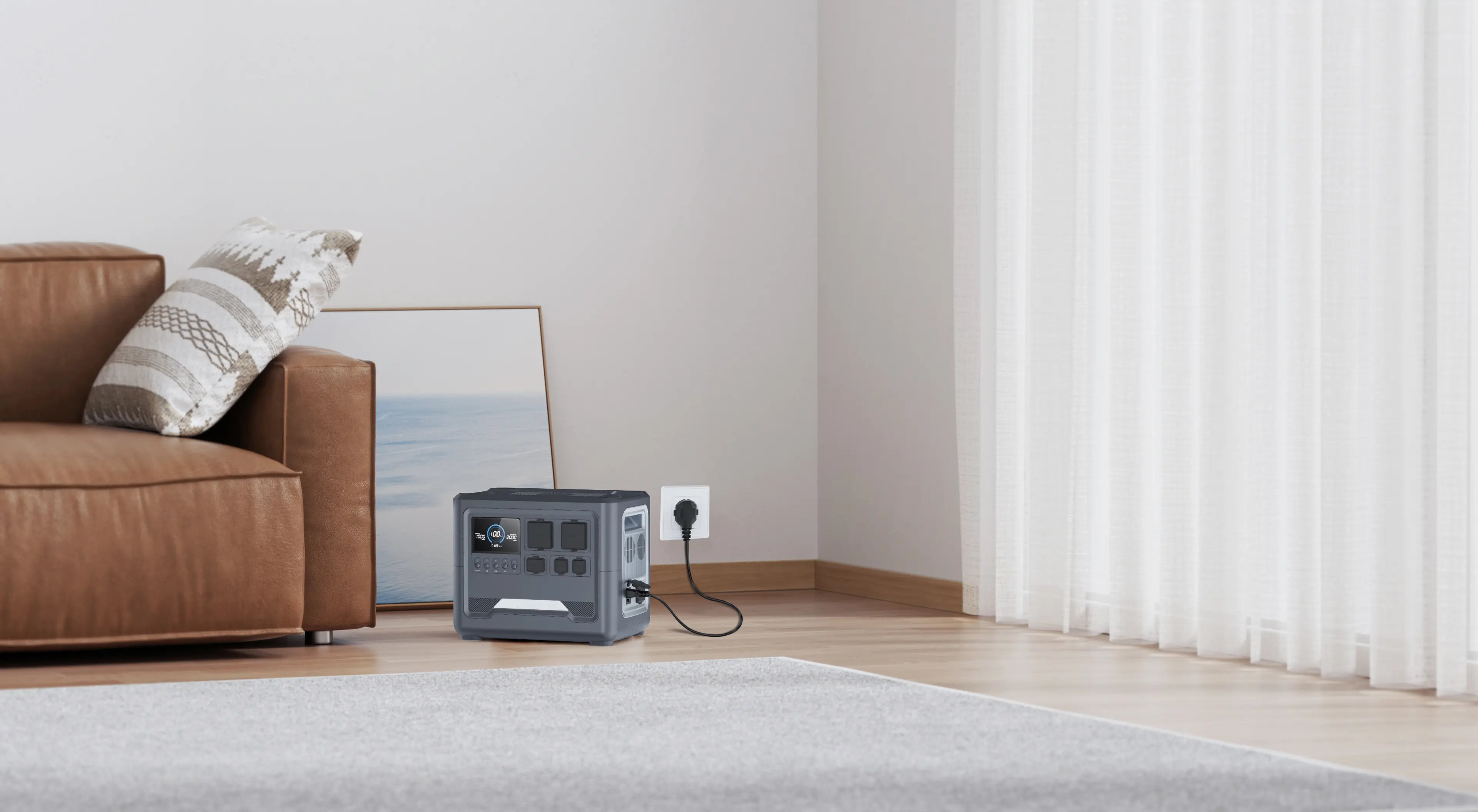 A Rinecopo high-capacity portable power station charging in a modern living room. This reliable home energy storage system serves as a silent backup battery and UPS, ready to power essential household electronics during unexpected grid failures