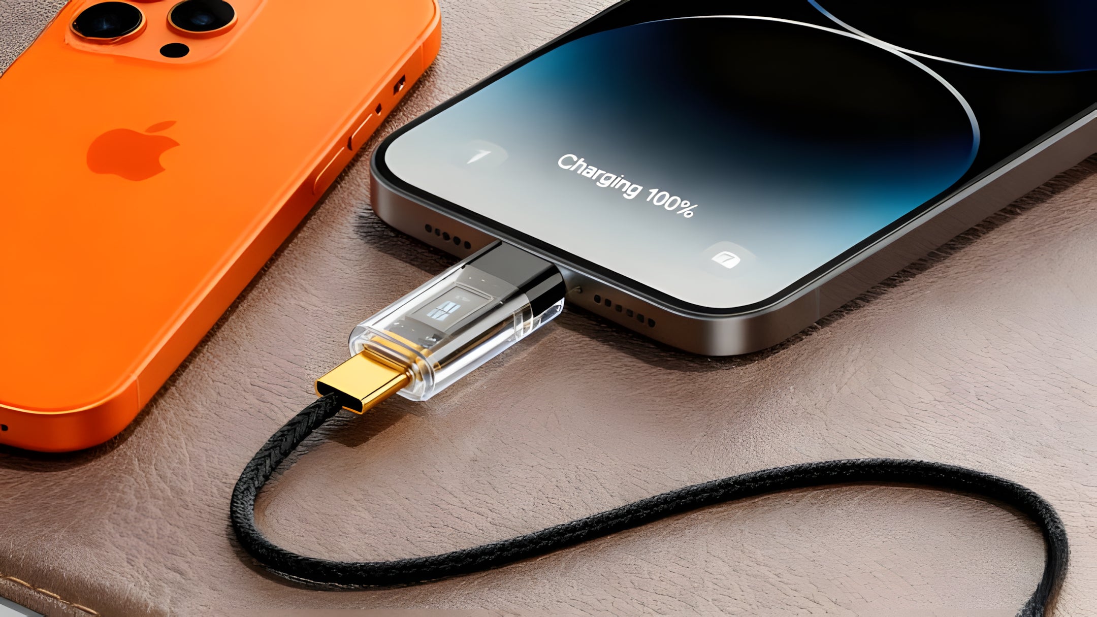 A close-up shot of a Rinecopo premium braided USB-C charging cable with a transparent LED power display, plugged into a smartphone showing 100% charge. The cable features a durable gold-plated connector and a stylish clear housing for the digital chip.