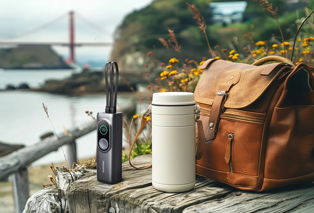 A lifestyle scene of the Rinecopo power bank placed on a wooden railing during an outdoor hike. With the Golden Gate Bridge in the background, it highlights the 25000mAh portable charger as an essential adventure gear for photography and travel