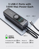Innovative Rinecopo portable charger featuring dual built-in 100W Type-C heavy-duty cables. Eliminate cord clutter with this all-in-one fast charging solution, designed for ultimate convenience for digital nomads.
