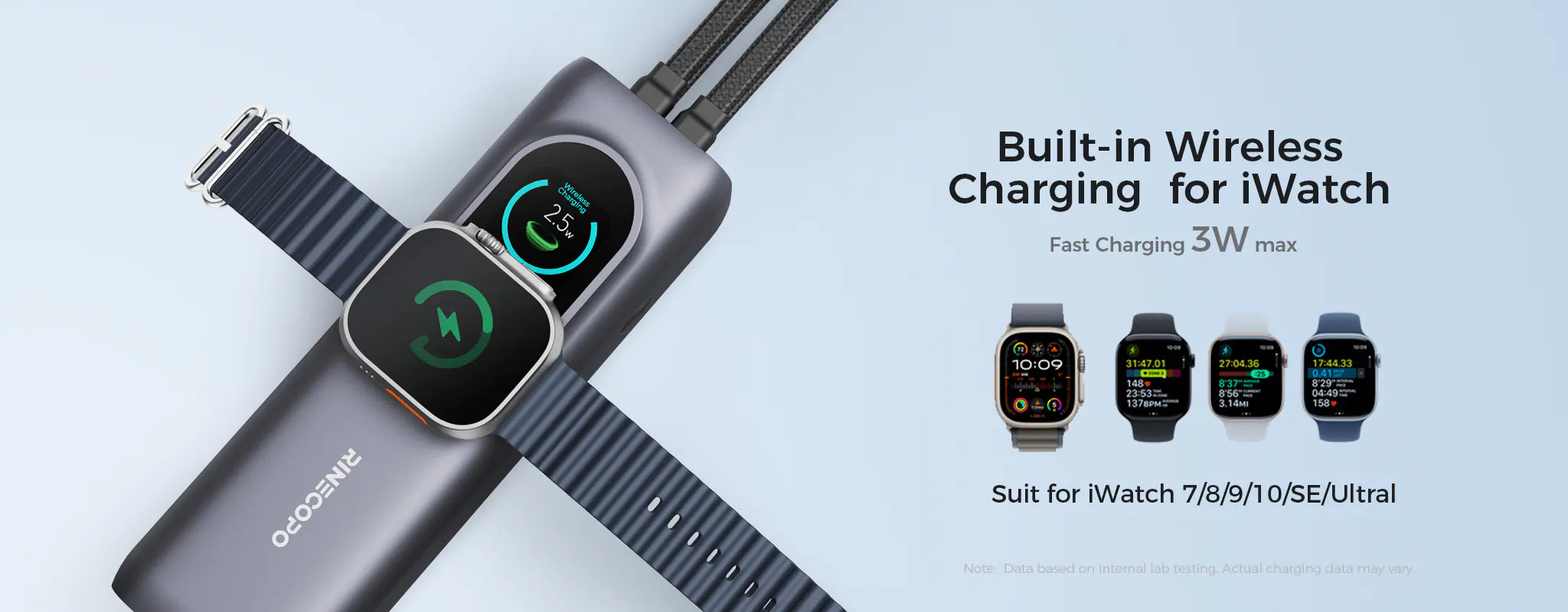 Rinecopo portable power bank with a built-in wireless charging pad for iWatch, supporting Series 7/8/9/10, SE, and Ultra. This all-in-one travel charger features a 3W max fast charging output for Apple Watches, eliminating the need for extra cables