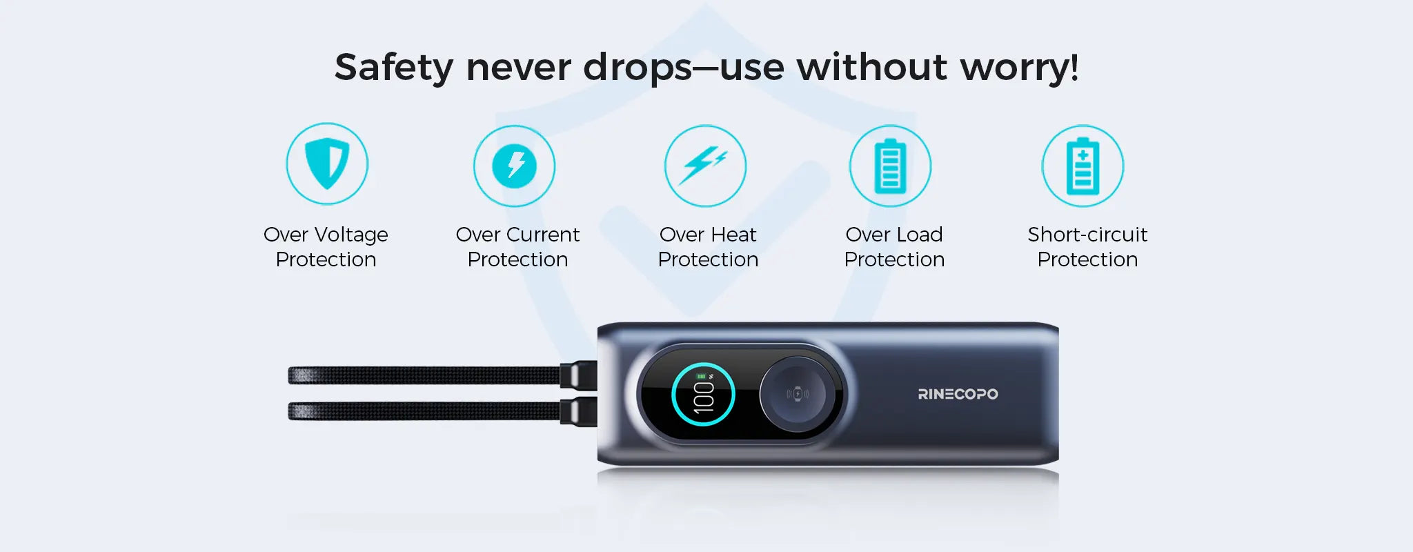 A detailed safety infographic for the Rinecopo power bank, showcasing its advanced protection systems including over-voltage, over-current, over-heat, over-load, and short-circuit protection. Designed for total peace of mind during high-speed charging
