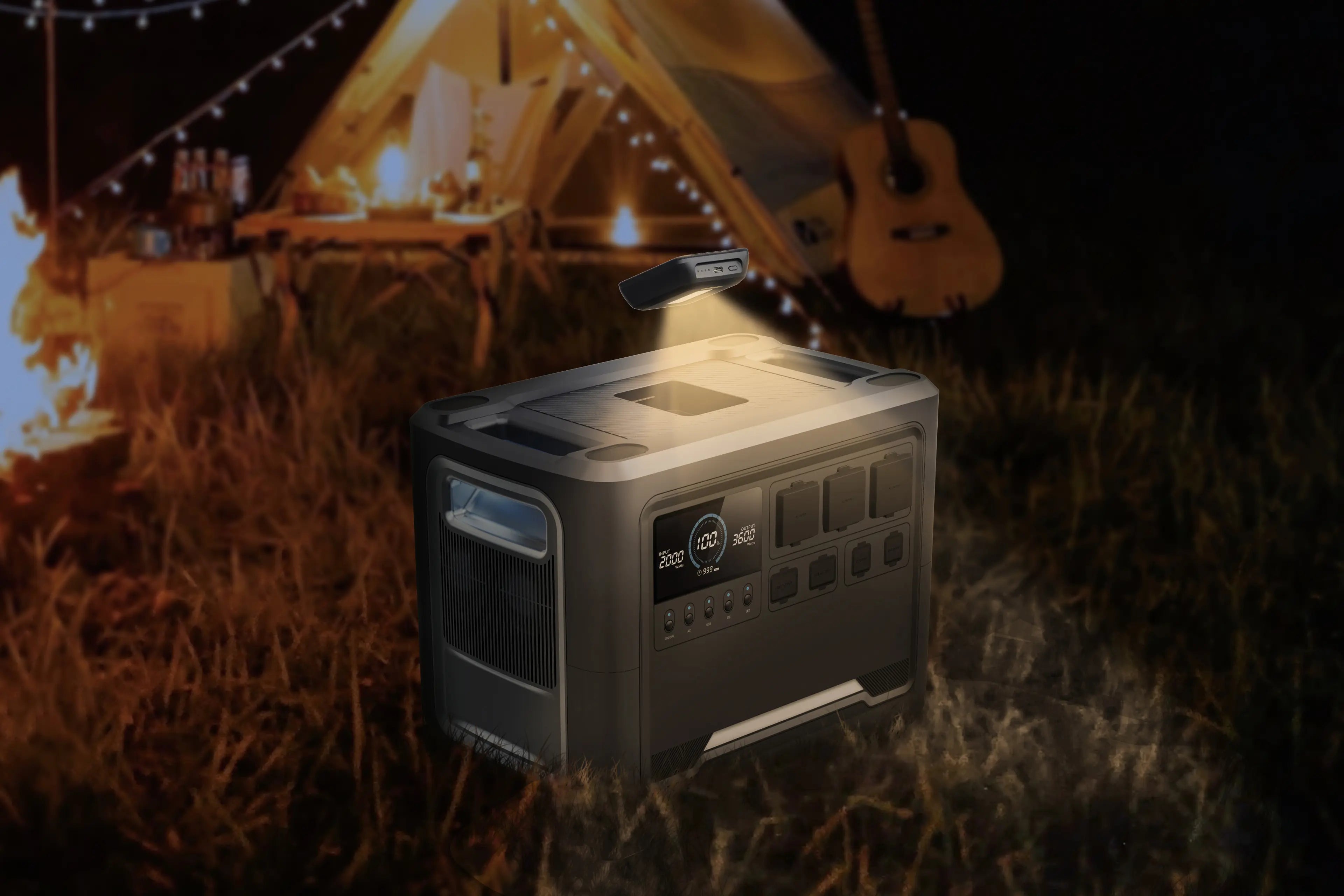 A Rinecopo portable power station lighting up a cozy campsite at night. This multi-functional solar generator features integrated LED lighting, wireless smartphone charging, and high-capacity AC outlets, providing the perfect energy hub for glamping, outdoor parties, and family camping trips