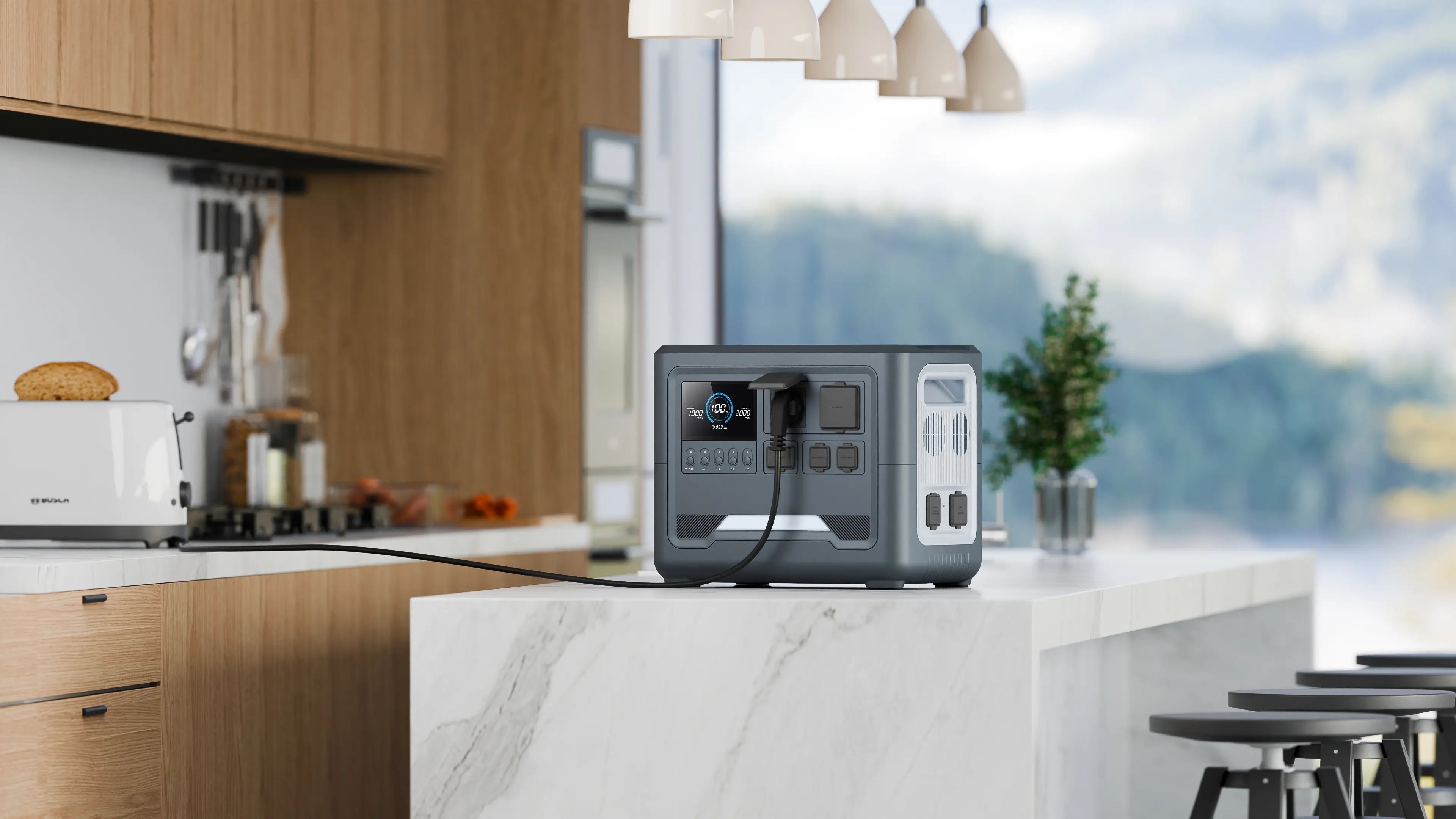 A Rinecopo portable power station powering a kitchen toaster on a marble countertop. This high-capacity home backup battery is capable of driving high-wattage kitchen appliances, ensuring your breakfast and daily routine stay on track during power outages or off-grid living