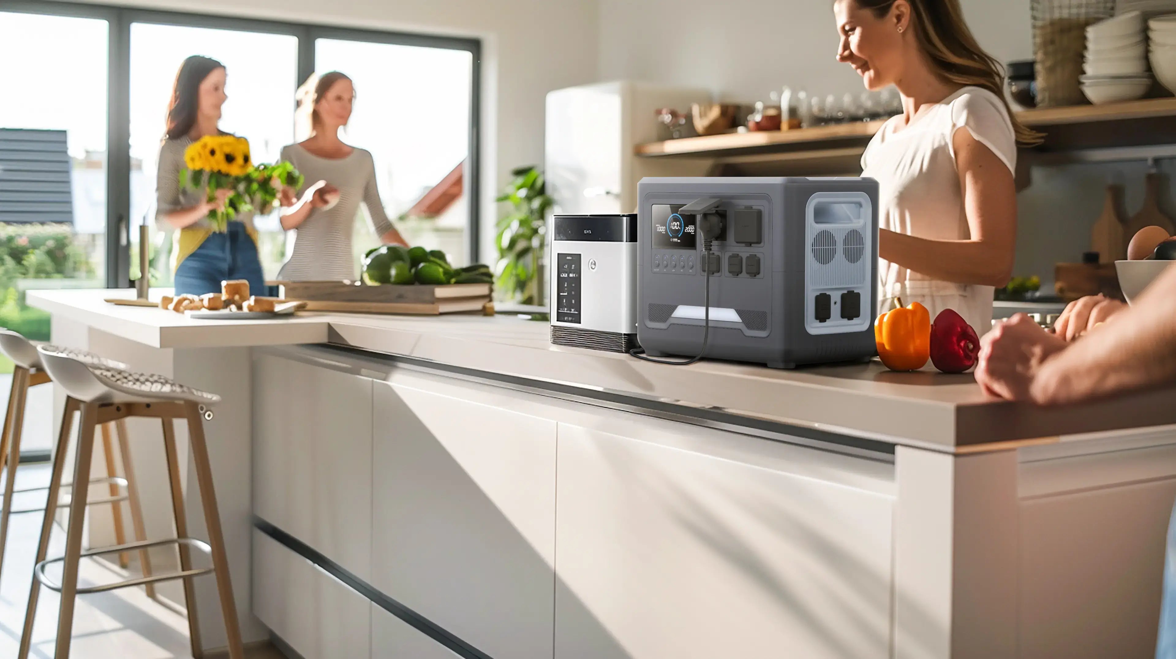 A family using a Rinecopo high-capacity portable power station in a modern kitchen to power home appliances during a blackout. This reliable emergency backup power source ensures your coffee maker, blender, and essential electronics keep running during unexpected power outages.
