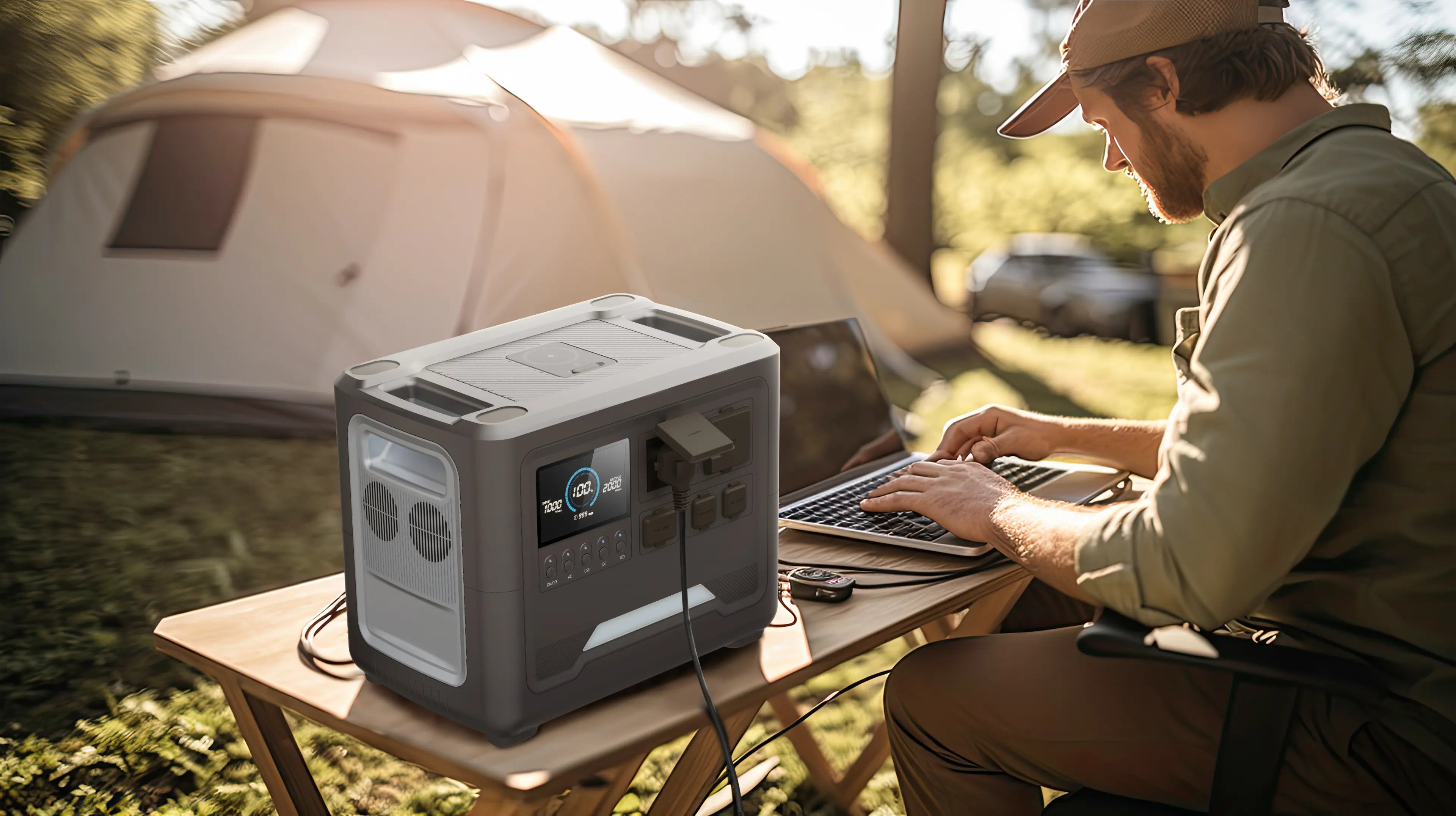 A digital nomad using a Rinecopo portable power station to charge a laptop while working from a campsite. This high-capacity solar generator with multiple AC outlets is ideal for remote work, glamping, and powering essential electronics during outdoor trips