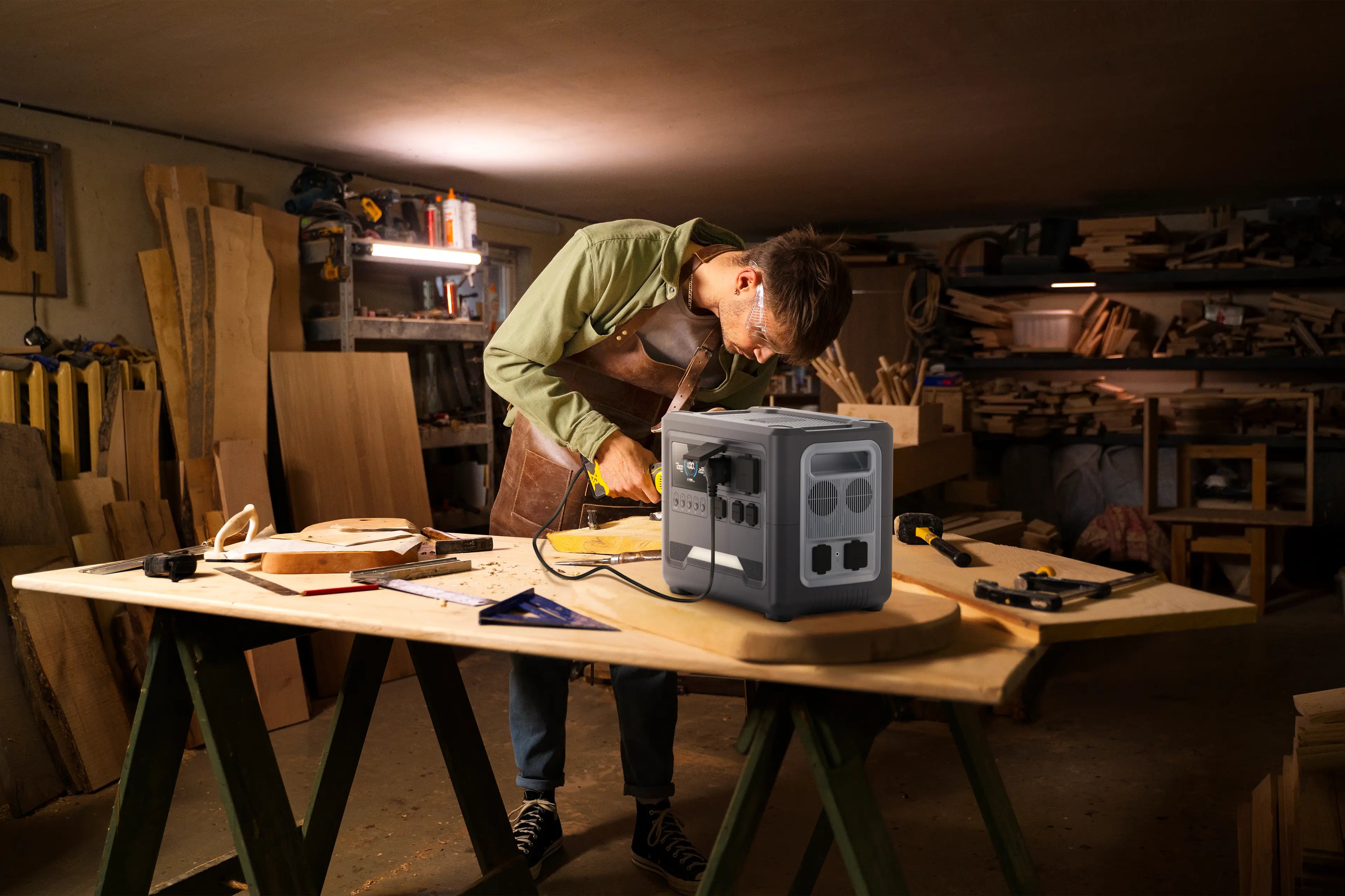 A craftsman using a Rinecopo high-capacity portable power station to run electric power tools in a professional woodworking workshop. Featuring high surge power and multiple AC outlets, it’s the perfect reliable energy source for DIY projects, construction sites, and off-grid studios