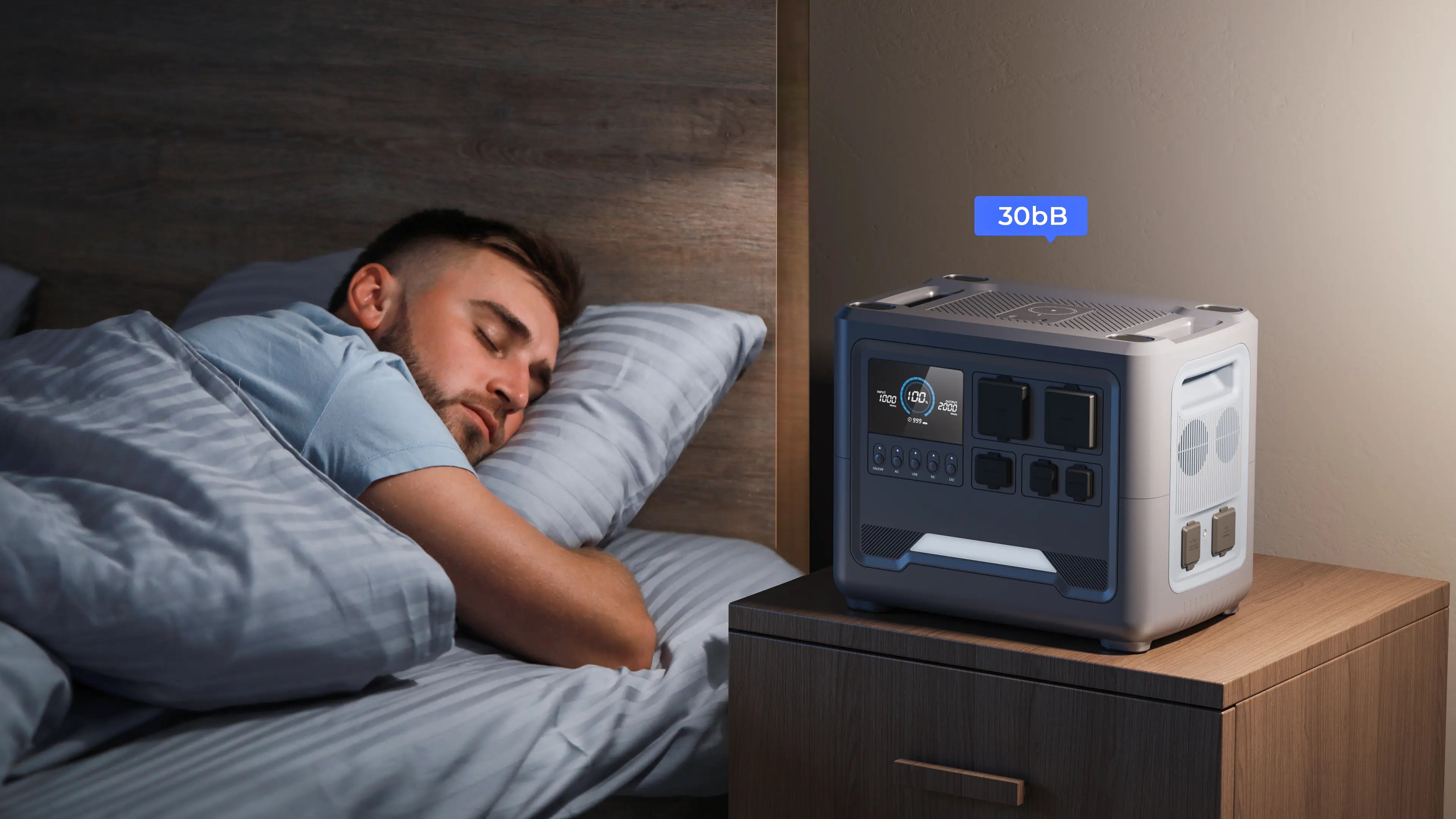 A man sleeping soundly with a Rinecopo portable power station operating at an ultra-quiet 30dB on the nightstand. This silent solar generator is the best backup battery for CPAP machines and bedroom electronics, ensuring undisturbed sleep during power outages