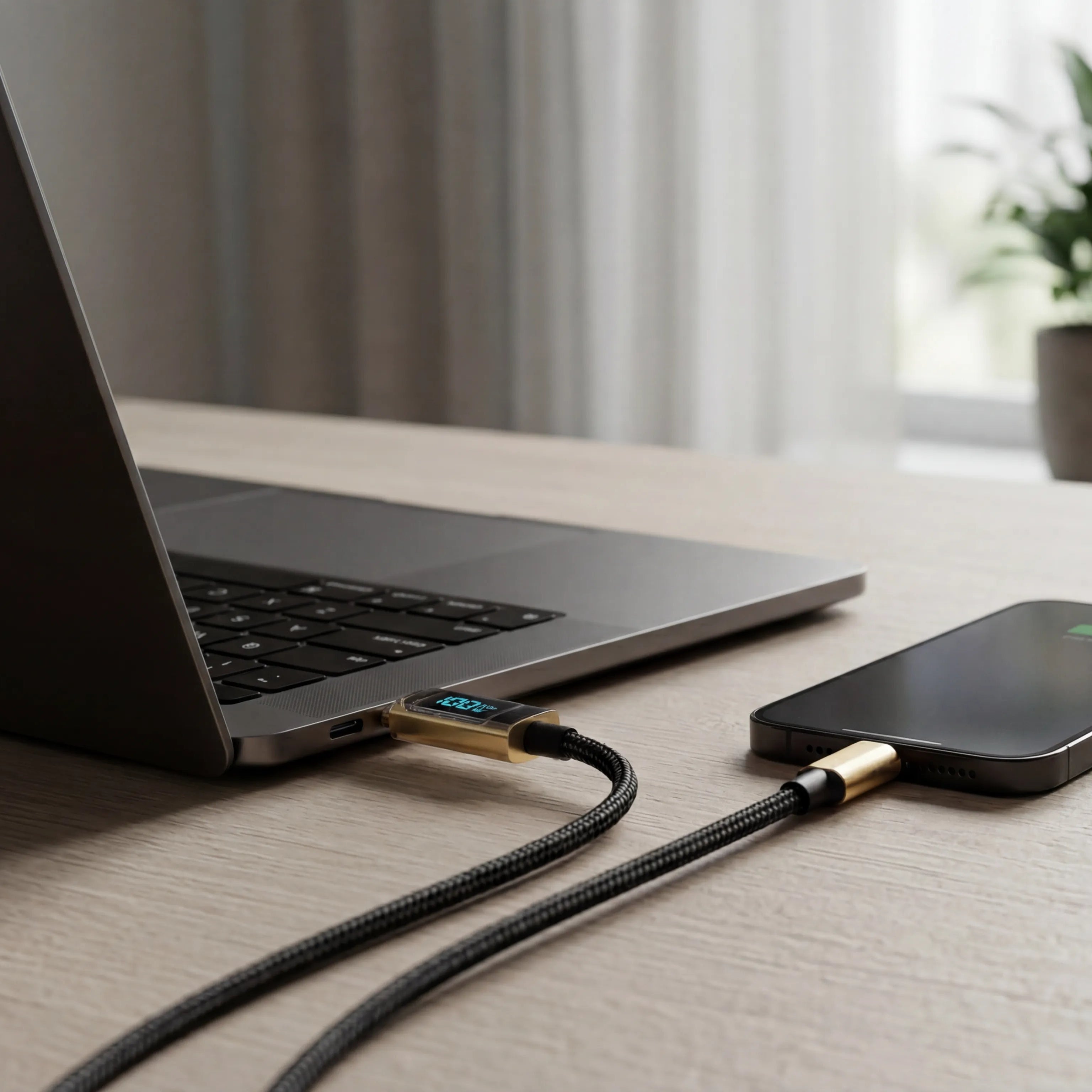 RINECOPO 100W fast charging USB-C cable powering a laptop and phone on a desk, highlighting high-speed charging for laptops.
