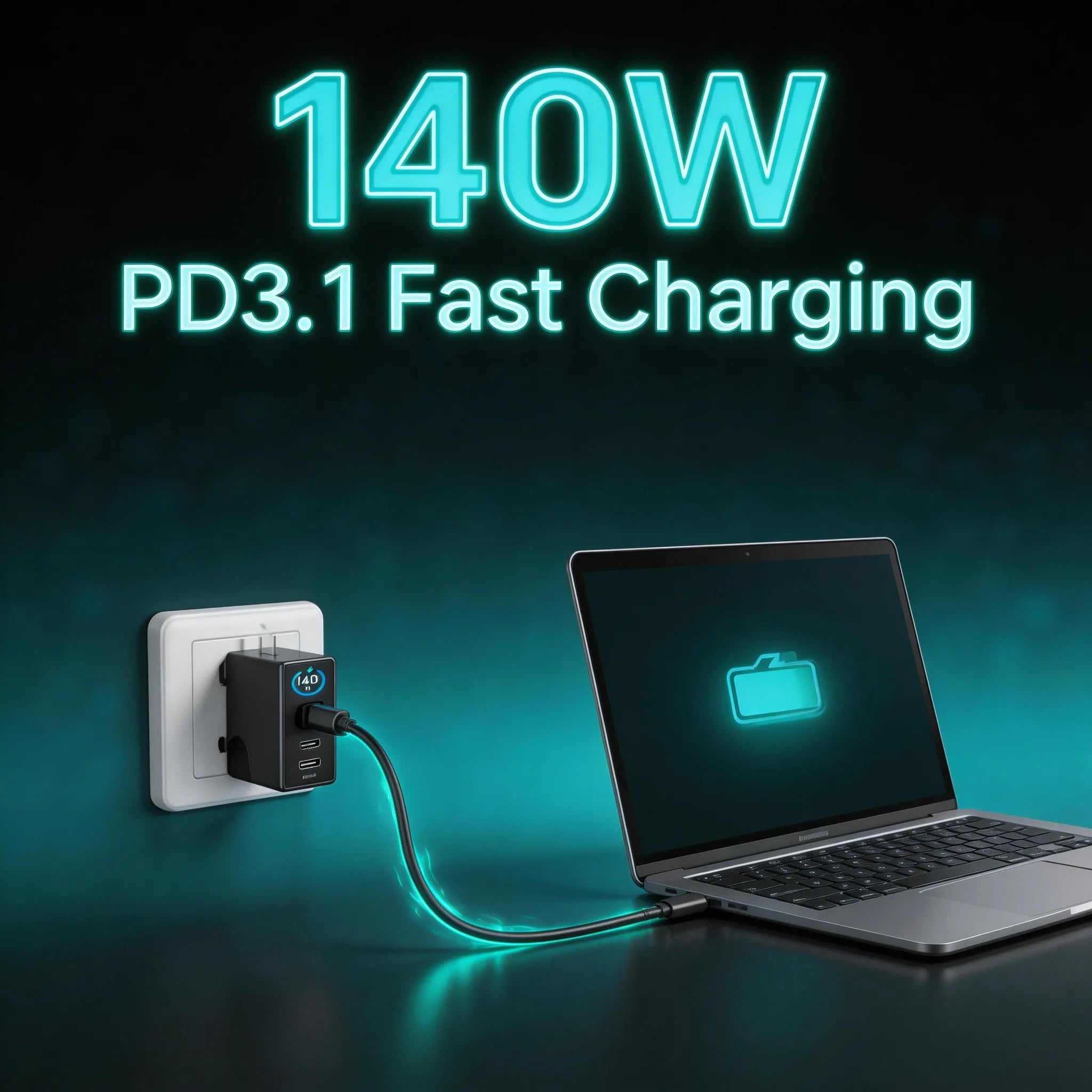 RINECOPO 140W GaN charger powering a laptop and a phone simultaneously, highlighting PD3.1 fast charging.
