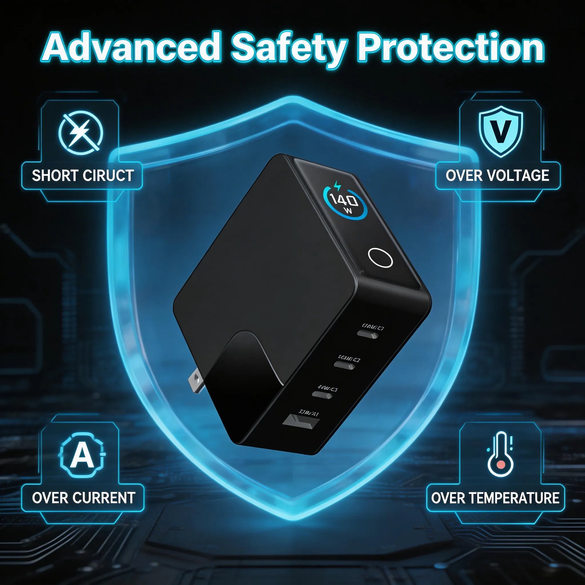 RINECOPO GaN charger with icons representing its various advanced safety protections (short circuit, overvoltage, etc.