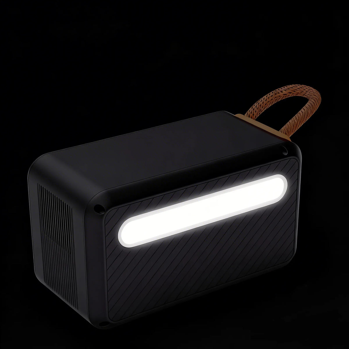 The RINECOPO portable power station illuminated in the dark, showcasing its bright built-in LED light panel, ideal for night camping or emergency power outages.