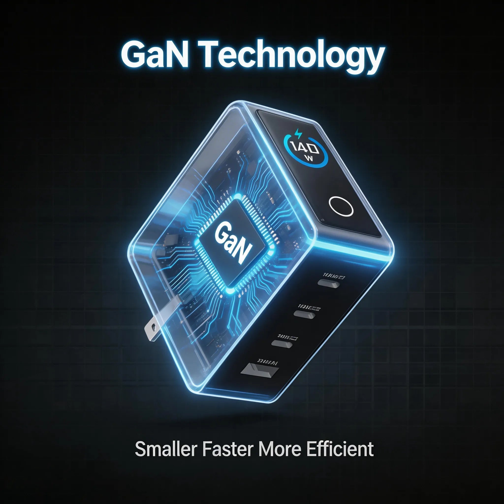 RINECOPO GaN technology illustration showing the advanced chip design for smaller, faster, and more efficient charging