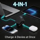 RINECOPO 4-IN-1 GaN charger connected to four devices (laptop, tablet, two phones) for a tidy desk charging station