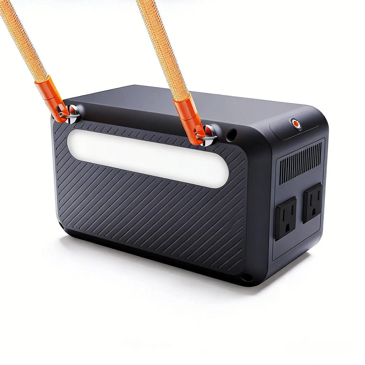 Back angle of the RINECOPO 300W portable power unit showing its sleek, low heat loss design and the flexible replaceable shoulder strap for effortless on-the-go carrying.