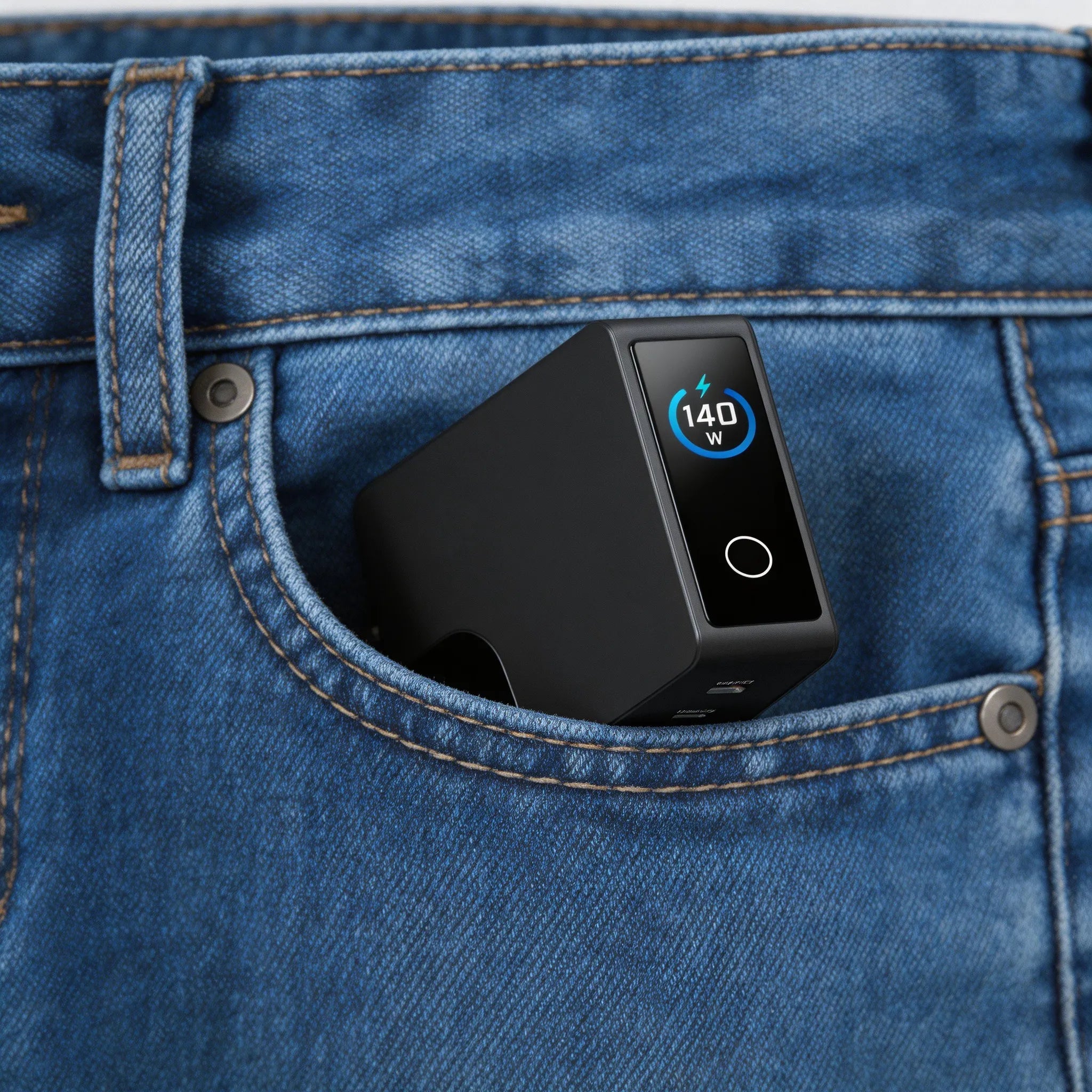 RINECOPO super compact 140W GaN charger slipping easily into a jeans pocket, perfect for travel